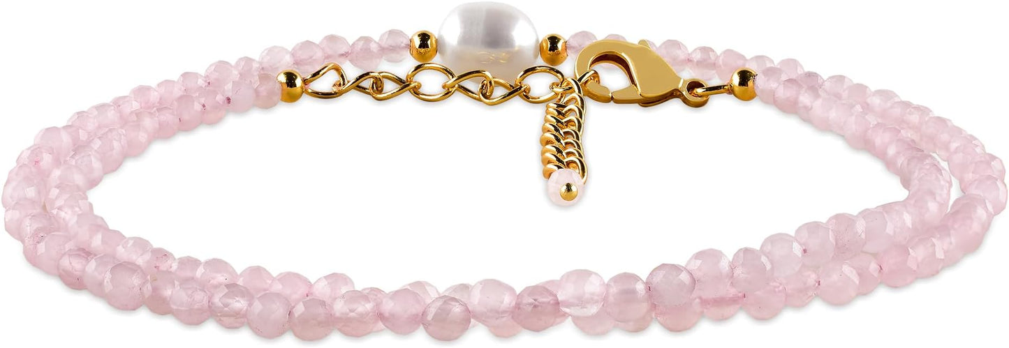 InfinityGemsArt Gemstone Gold Necklace For Women, Birthstone Natural Crystal Stone With Freshwater Pearl Beaded Jewelry, Gold Plated 18 Inch Chain