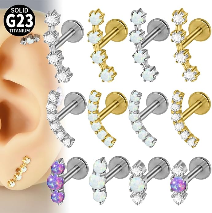 2PCS G23 Titanium Fire Opal CZ Labret Stud Piercing Cartilage Helix Tragus Climber Earrings for Men Women Lip Monroe Body Piercing Jewelry