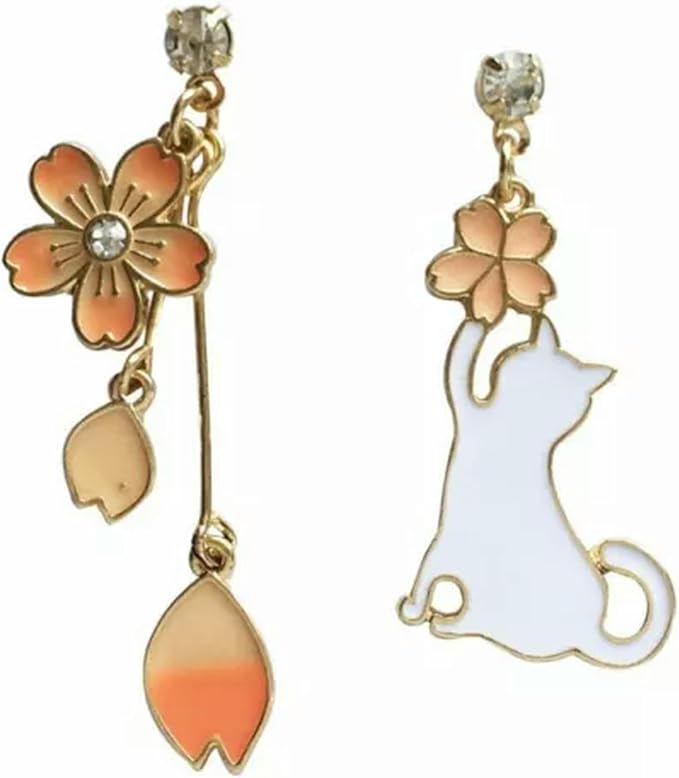 Cute Asymmetric Cat Moon Flower Long Tassel Stud Dangle Earrings Women Jewelry-Orange Cat Flower