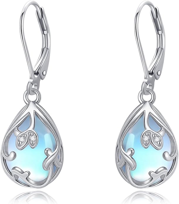 Filigree Drop Earrings 925 Sterling Silver Moonstone Teardrop Earrings Dangle Jewelry Gifts for Women
