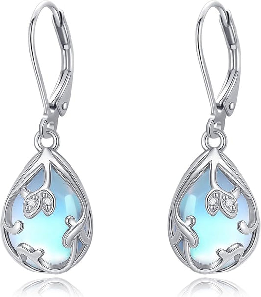 Filigree Drop Earrings 925 Sterling Silver Moonstone Teardrop Earrings Dangle Jewelry Gifts for Women