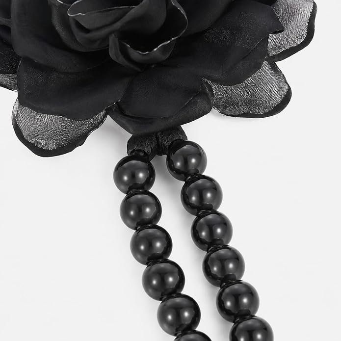 COOLSTEELANDBEYOND Women's Black Rose Beaded Necklace, Large Floral Statement Choker, Double-Strand Noir Bead Jewelry, Bold Romantic Accessory, Edgy Glamour Style, Gift for Her
