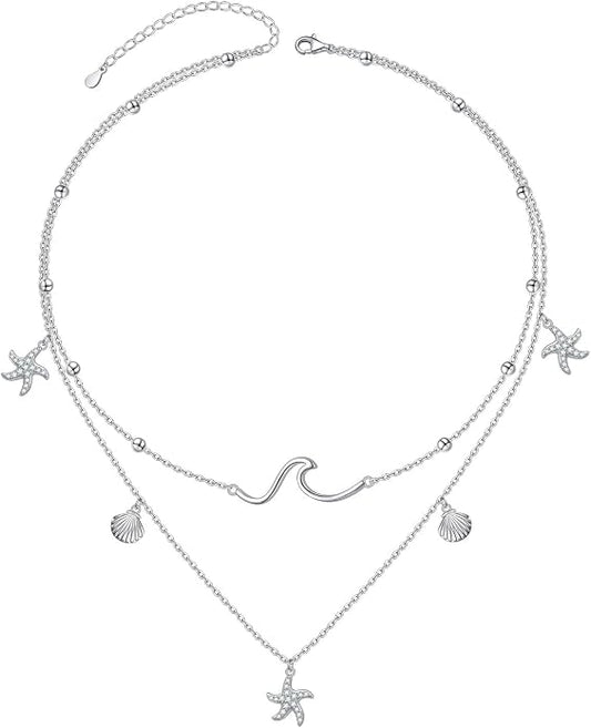 Layered Choker Necklaces for Women S925 Sterling Silver Circle/Heart/Cross/Star Multi Layered Necklace Handmade Bead Chain Adjustable Jewelry for Birthday