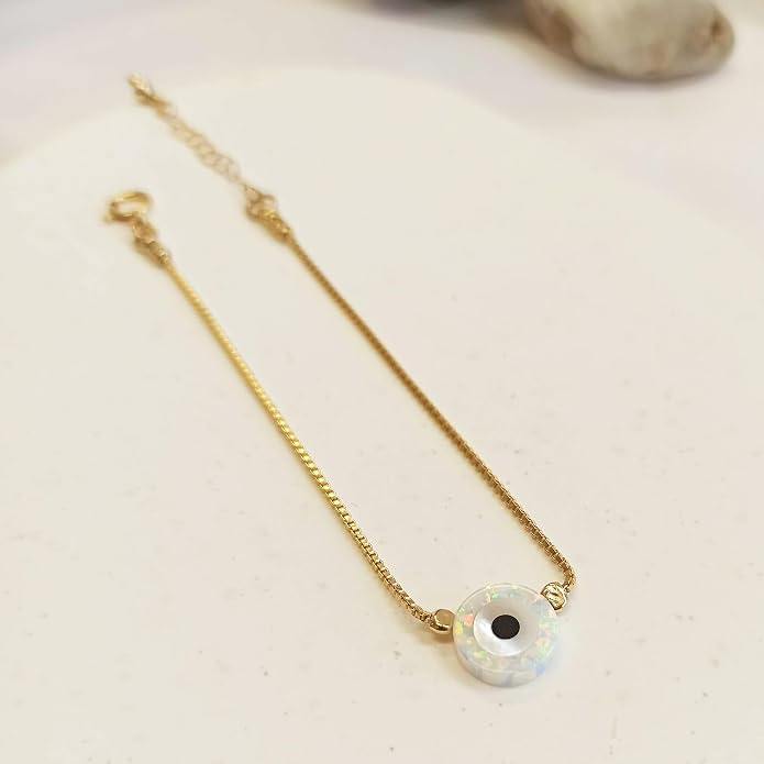 Minimalist Evil Eye Charm Bracelet – Handmade Delicate Good Luck Jewelry for Women – Adjustable 6.5” + 1” Extender