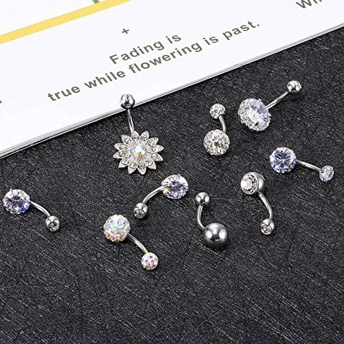 Yaomiao 18 Pcs 14G Stainless Steel Belly Button Ring Rhinestone Heart Dangle Belly Button Rings for Women