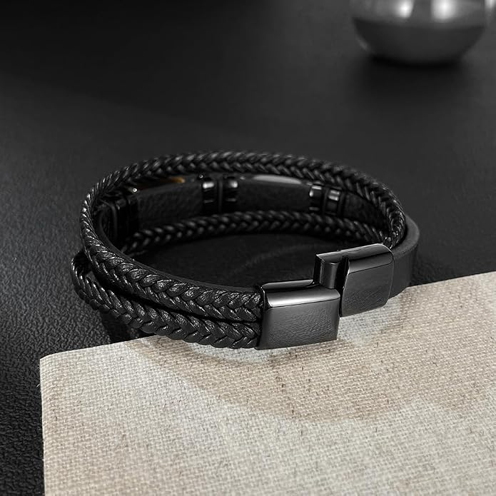 Mens Leather Bracelet Natural Tiger Eye Protection Multilayer Braided Wristband Bangle Gifts for Him