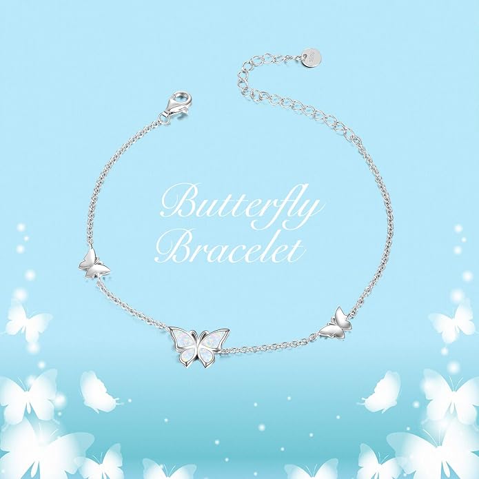 WINNICACA Sterling Silver Butterfly Bracelet Anklet Created Opal Butterfly Jewelry Gifts for Women Birthday Christmas Day Gifts