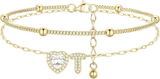FindChic Silver/14K Gold Plated Layered CZ Initial Ankle Bracelet for Women | Waterproof Stainless Steel, Cubic Zirconia Letter Charm, Non-Tarnish, Hypoallergenic, Adjustable Extender, Summer Jewelry