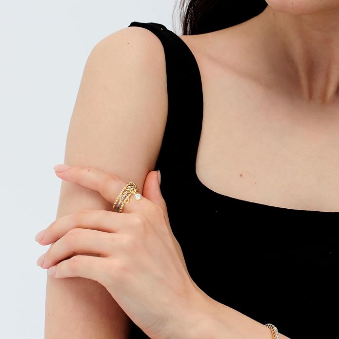KissYan Stackable Rings for Women, 14k Gold Plate Interlocked Multi Ring Set Dainty Pave CZ Personalized Fashion Two-Toned Mixed Metals Stacking Jewelry Trendy Statement Gift
