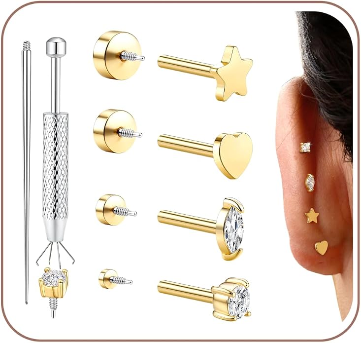 Drperfect 18G Reversible Flat Back Stud Earrings for Women Hypoallergenic Surgical Steel 14K Gold Silver Plated Internal Thread Stud Piercing Jewelry for Tragus Helix Cartilage Conch Piercing