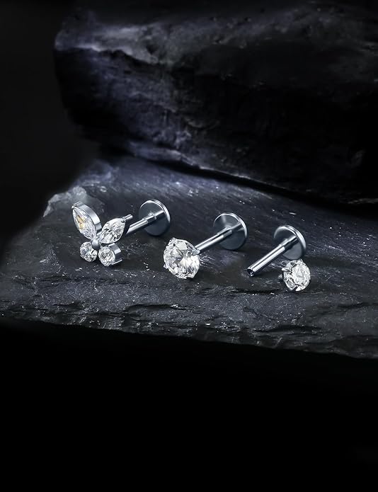20G 18G 16G Astm F136 Titanium Internal Thread Flat Back Earrings Nose Studs Tragus Forward Helix Conch Cartilage Lobe Earring Stud Medusa Labret Monroe Lip Ring Piercing Jewelry For Women Men