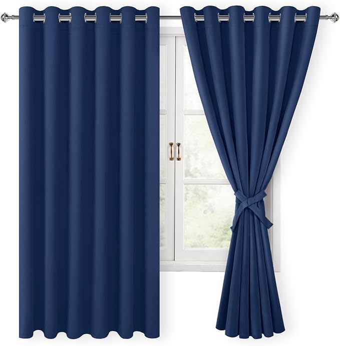Hiasan Room Darkening Curtains for Bedroom, 70 x 63 Inches - Thermal Insulated & Energy Saving Window Drapes for Living Room/Dorm Room, Set of 2 Panels Sewn with Tiebacks, Navy