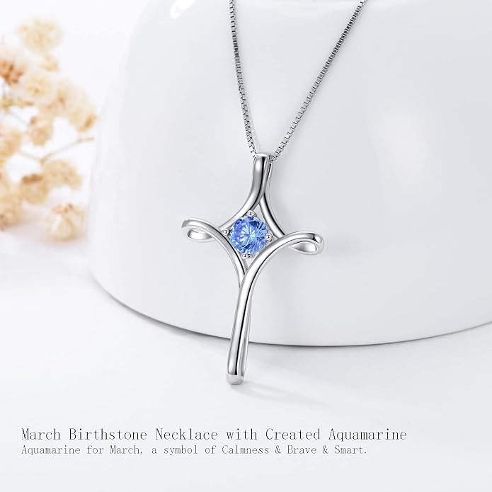 TOUPOP Cross Necklace for Women 925 Sterling Silver Birthstone Cross Pendant Fine Jewelry Anniversary Birthday Mothers Day Gifts for Mom Wife Her