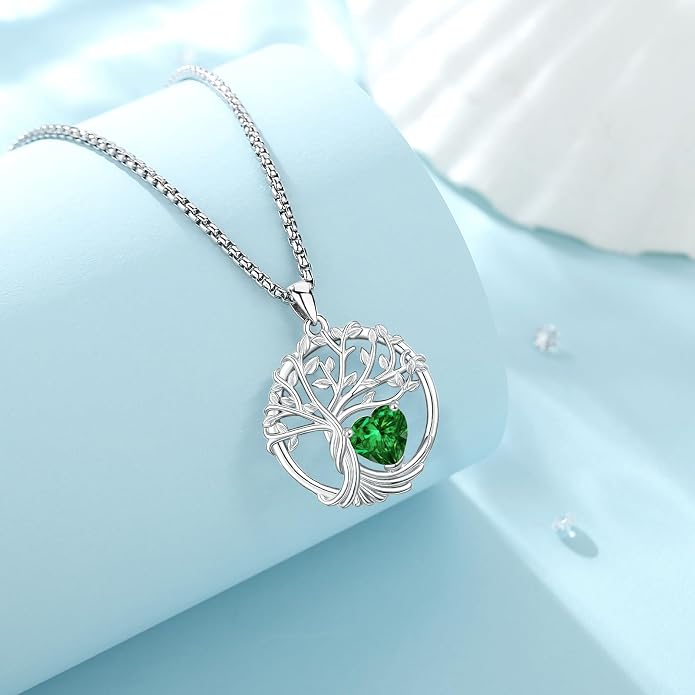 Birthstone Tree of Life Necklace for Women Heart Crystal Pendant Silver Plated Birthday Anniversary Jewelry for Wife, Mom, and Her