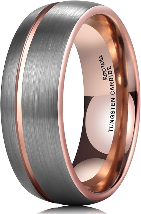 King Will Mens 8mm Rose Gold Groove/Gold Loop/Black Cross Groove Tungsten Carbide Wedding Ring Line Flat Pipe Cut Brushed Polished Comfort Fit 7-14