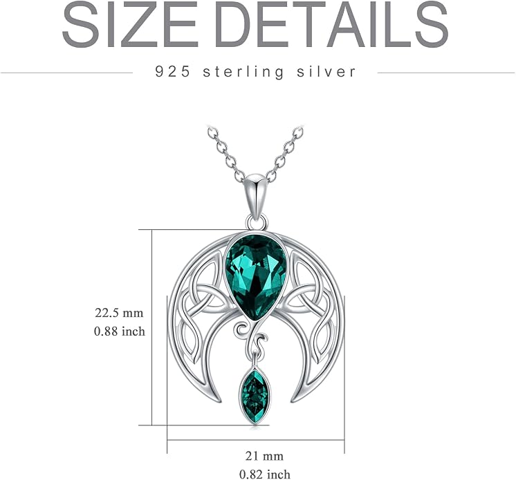 AOBOCO Sterling Silver Celtic Crescent Moon Goddess Pendant Irish Good Luck Necklace with Birthstone Crystal, Celtic Moon Jewelry Gift for Women Mom Wife