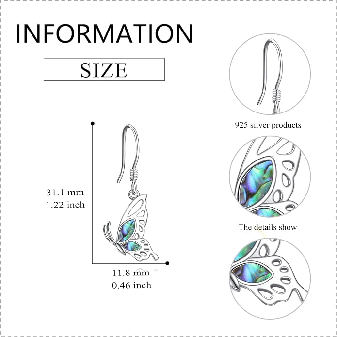 VONALA Abalone Shell Filigree Earrings 925 Sterling Silver Half Butterfly/Dragonfly Teardrop/Long/Vintage Abalone Shell Drop Dangling Earrings Bohemian Jewelry Gifts for Women