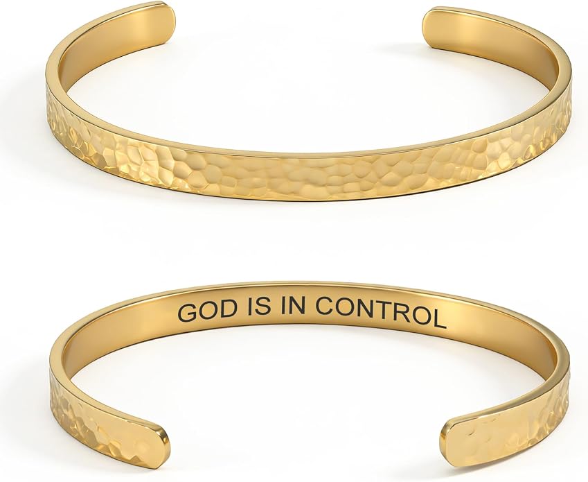 Inspirational Bible Verse Cuff Bracelet for Women, 18K Gold Plated Hammered Bangle, Christian Faith Jewelry Gift, Adjustable Non Tarnish