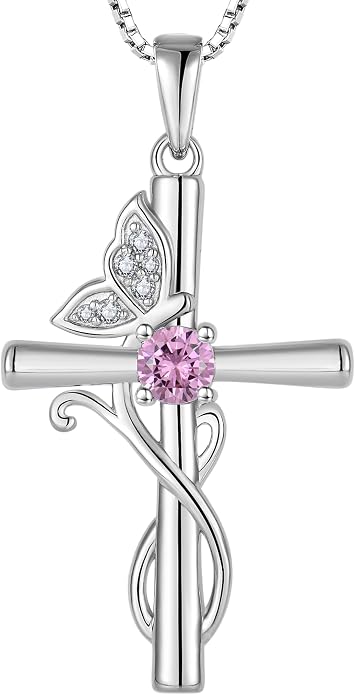 STARCHENIE Butterfly Cross Necklace 925 Sterling Silver Crucifix Pendant Birthstone Jewelry for Women