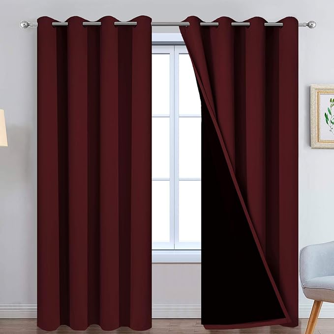 Yakamok Burgundy Red Blackout Curtains 84 Inches Long for Bedroom 52" Wide | Blackout Curtain Panels for Bedroom, 2 Thick Layers Grommet Top Thermal Insulated Drapes with Black Liner for Living Room