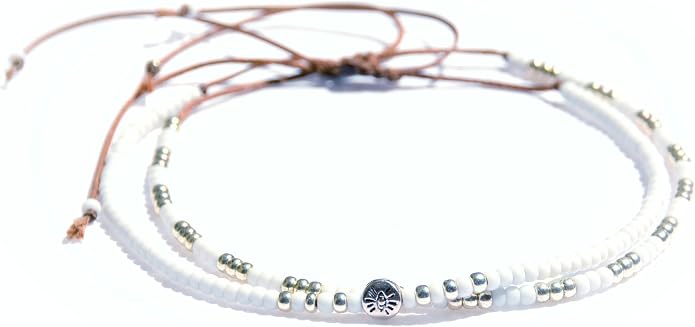 Beaded Anklet for Women, Boho Native American Style, Unique White & Silver Hippie Beach Waterproof Anklet, Handmade by Tribes