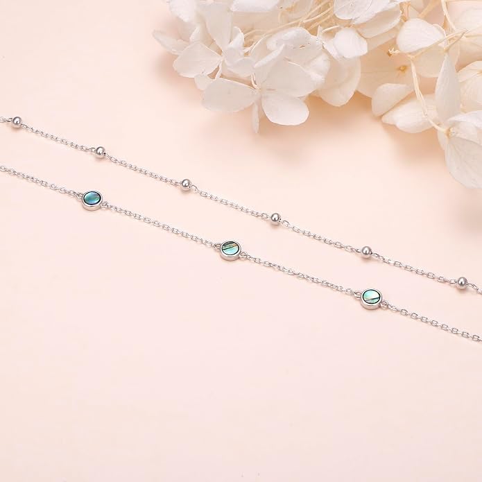 Flyow Anklet for Women S925 Sterling Silver Adjustable Foot Beaded Heart Charm Ankle Bracelet Anklets Jewelry