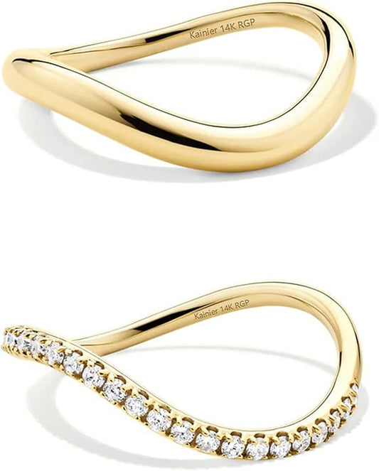 Kainier 2pairs Stacking Rings for Women 1mm 14K Gold Plated CZ V-Shaped Wavy Band Thin Pinky Thumb Stackable Ring Set Dainty Non Tarnish Comfort Fit Size 5 to 10