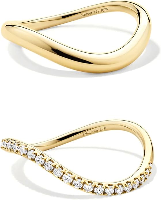Kainier 2pairs Stacking Rings for Women 1mm 14K Gold Plated CZ V-Shaped Wavy Band Thin Pinky Thumb Stackable Ring Set Dainty Non Tarnish Comfort Fit Size 5 to 10