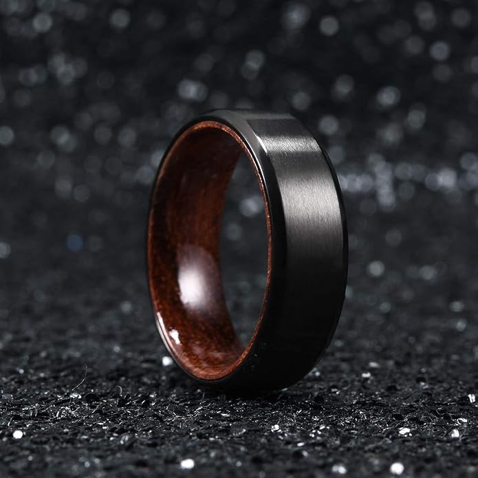 King Will 6/8mm Wedding Band for Men, Silver/Black Hammered Titanium Wedding Ring Inlaid Wood Inner Hole, Wedding Band for Men Matte Brushed Comfort Fit 7-14