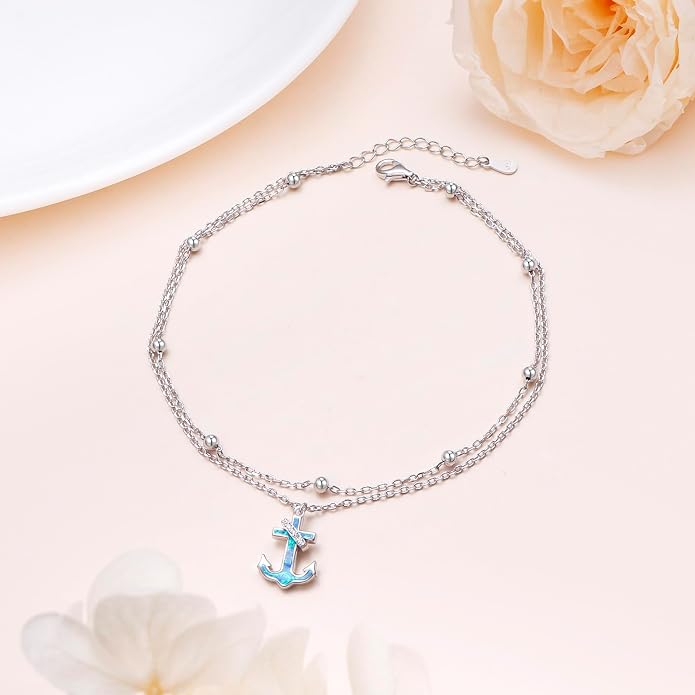 S925 Sterling Silver Ankle Bracelets Butterfly/Evil Eye/Anchor/infinity/Beach Anklet for Women Opal Moonstone Foot Chain Beach Jewelry