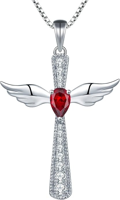 YL Cross Necklace 925 Sterling Silver Angel Wings Pendant Teardrop Birthstone Criss Jewelry for Women