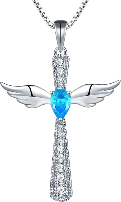 YL Cross Necklace 925 Sterling Silver Angel Wings Pendant Teardrop Birthstone Criss Jewelry for Women