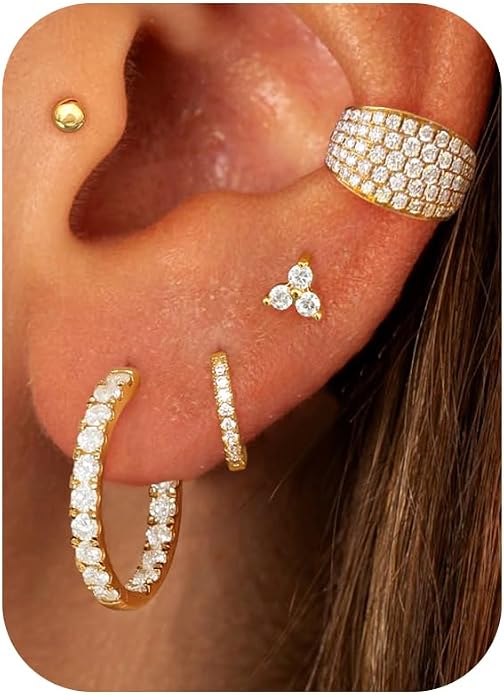Dainty Big Small Hoop Earrings for Women Huggie Hypoallergenic Silver Gold Flat Back Stud Earrings Set 14K Gold Plated Luxury Cubic Zirconia Ear Cuff Cartilage Earrings for Multiple Piercing Jewelry Gifts for Women 5 Pairs