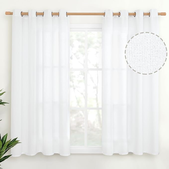 YoungsTex White Linen Curtains 54 Inches Long for Short Windows, Bronze Gromme Light Filtering Drapes for Bedroom Bathroom Kitchen Lightweight, 2 Panels, 52 X 54 Inch