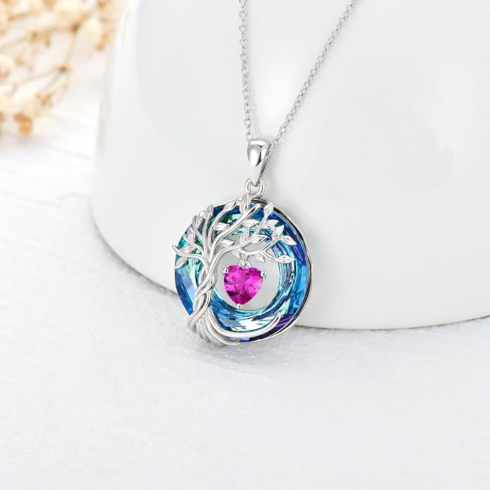TOUPOP Tree of Life Birthstone Necklaces 925 Sterling Silver Irish Celtic Tree Pendant with Blue Crystal Birthday Jewelry Gifts for Women Mom Wife Her