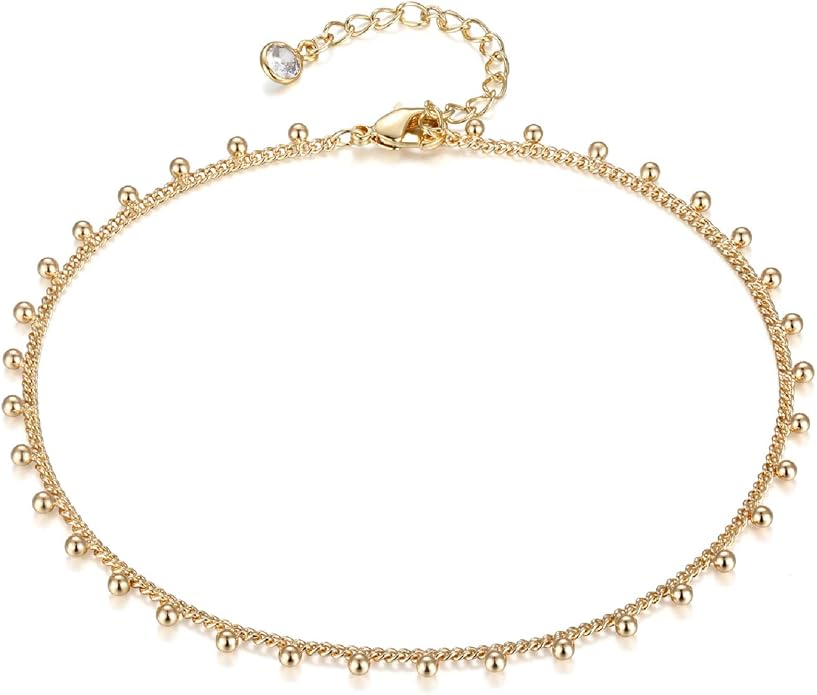 LOYATA Dainty Ankle Bracelet,14K Gold Plated Tiny Bead Anklet Dainty White Cubic Zirconia Cross Tassel Foot Chain Cute Lucky Moon Evil Eye Foot Jewelry Boho Anklets for Women