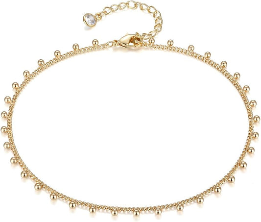 LOYATA Dainty Ankle Bracelet,14K Gold Plated Tiny Bead Anklet Dainty White Cubic Zirconia Cross Tassel Foot Chain Cute Lucky Moon Evil Eye Foot Jewelry Boho Anklets for Women