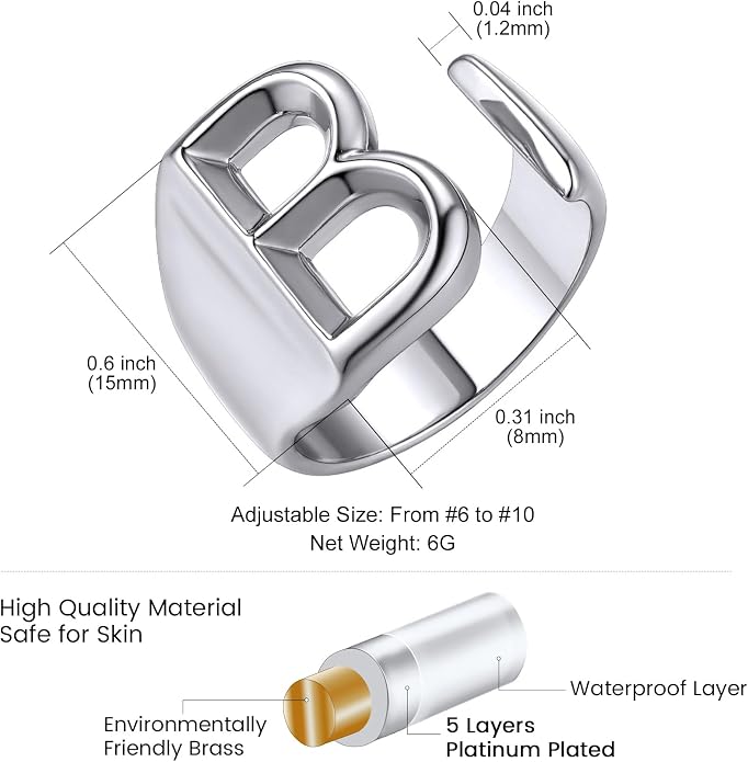 KeyStyle Bold Initial Letter Rings Adjustable, GoldChic Jewelry Women Gold Statement Ring Personalized Engraved Women’s Open Signet Ring for Party (Gold, White Gold, Black)