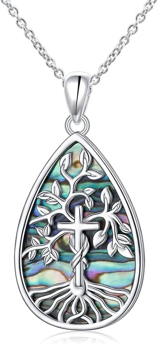 Abalone Shell Tree of Life Necklace 925 Sterling Silver Tear Drop Cross Pendent Necklace Mothers day Christmas Jewelry Gift for Women Men