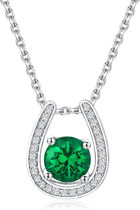 925 Sterling Silver Horseshoe Necklace for Women Round Gemstone Birthstone Necklace Sapphire/Emerald/Ruby/CZ Horse Shoe Pendant Necklaces Jewelry Gift