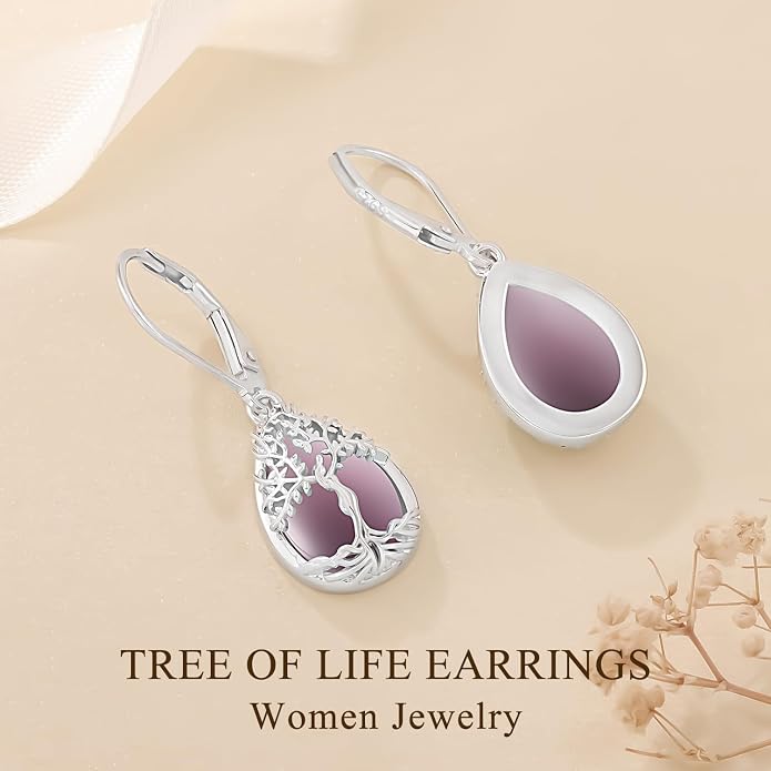 Odinstone 925 Sterling Silver Earrings Tree of Life Teardrop Moonstone Dangle Drop Leverback Earrings for Women