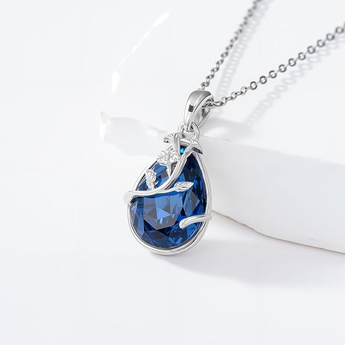 925 Sterling Silver Birth Flower Necklace with Teardrop Shaped Birthstone - 12 Colors, 12 Kinds of Flower - Ideal Birthday Jewelry Gift for Women, Mothers, Daughters & Wives
