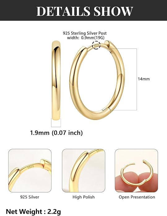 Silvora 14K Gold Plated Huggie Hoop Earrings for Women, Small Sterling Silver Hoops, Hypoallergenic Cartilage Earrings for Sensitive Ears 8/10/12/14/16/18/20MM