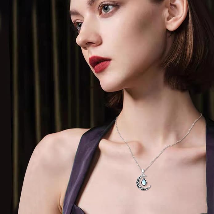 VONALA Crescent Moon Necklace Sterling Silver Emerald/Red/Purple/Black/Rainbow Topaz/Green/Aquamarine/Blue/Moss Agate Celtic Moon Teardrop Necklace Celtic Jewelry Gifts for Women Birthday