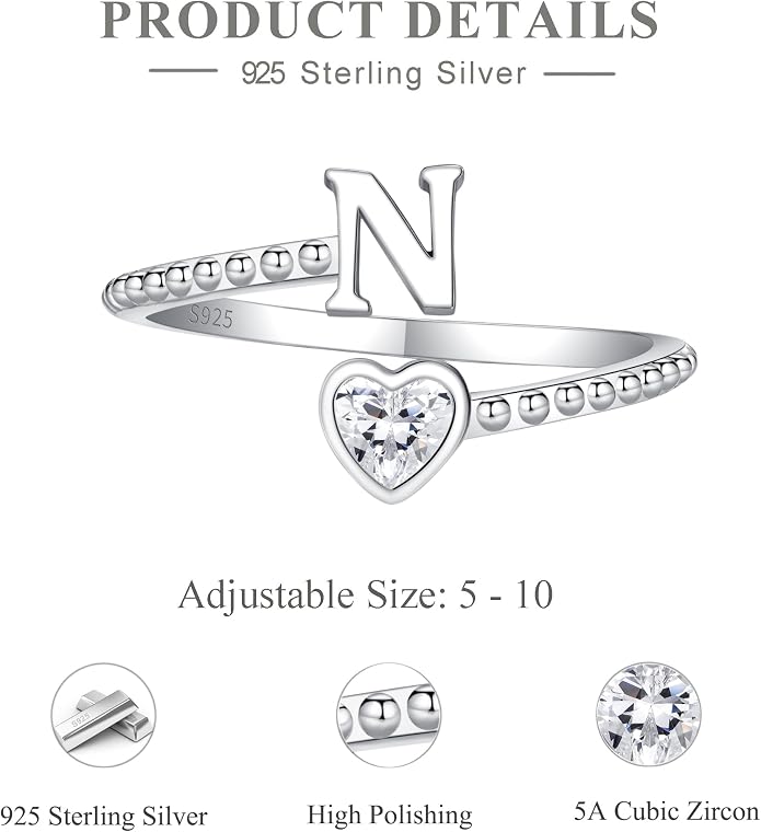 Step Forward 925 Sterling Silver Adjustable Initial Ring for Women | Non Tarnish Letter Rings for Lady | Alphabet Heart Thumb Rings | Capital Letter Jewelry Gifts