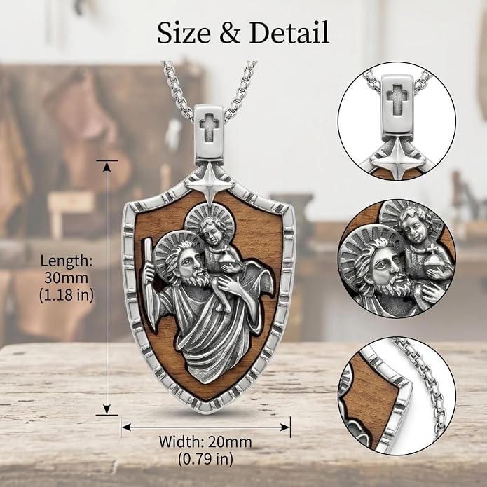 ONEFINITY Wooden Necklace Viking Wolf/St Benedict Medals/St Michael/Crucifix/St Christopher Pendant Necklace for Men Archangel Amulet Wooden Religious Jewelry Gifts for Men Women