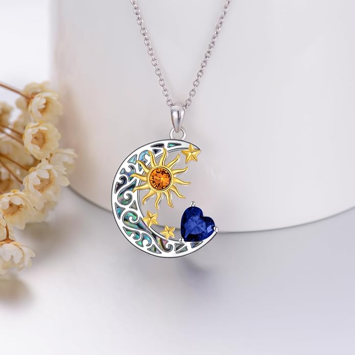 AOBOCO 925 Sterling Silver Sun and Moon Star Pendant Necklace with Simulated Birthstone, Birthday Christmas Jewelry Gift for Women Teen Girls