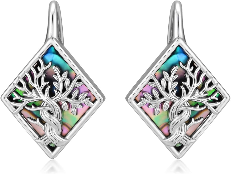 SIMONLY Abalone Shell Tree of Life/Lotus/Clover Earrings for Women 925 Sterling Silver Celtic Knot Leverback Earrings Lotus Jewelry Christmas Mother Day Gift