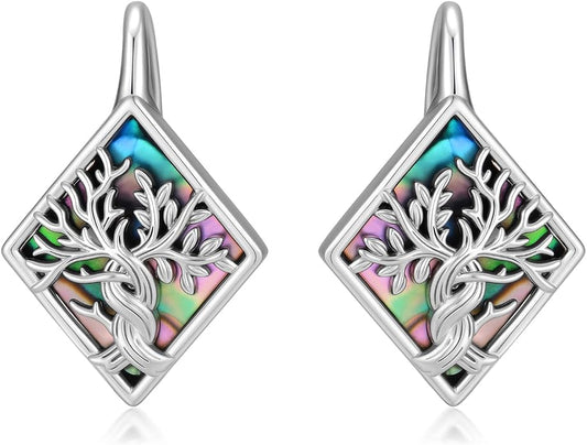 SIMONLY Abalone Shell Tree of Life/Lotus/Clover Earrings for Women 925 Sterling Silver Celtic Knot Leverback Earrings Lotus Jewelry Christmas Mother Day Gift