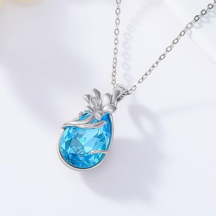 925 Sterling Silver Birth Flower Necklace with Teardrop Shaped Birthstone - 12 Colors, 12 Kinds of Flower - Ideal Birthday Jewelry Gift for Women, Mothers, Daughters & Wives